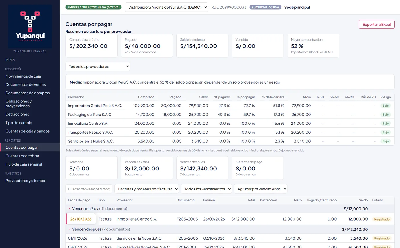 Reporte de cuentas por pagar por proveedor con aviso de concentración