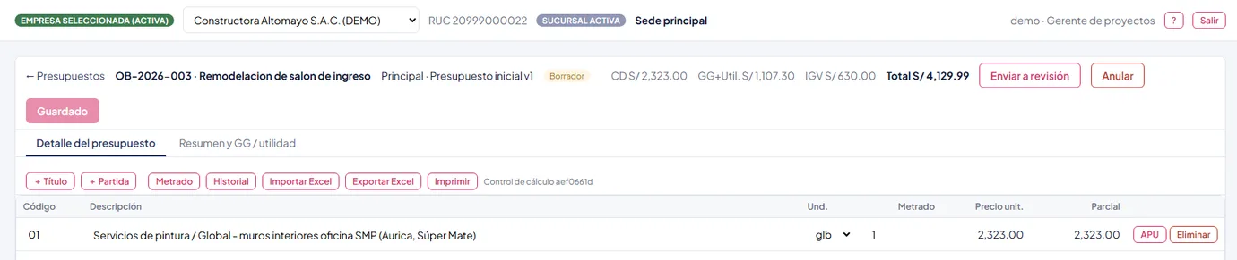 Detalle de un presupuesto de obra con partidas, metrado, precio unitario y parcial